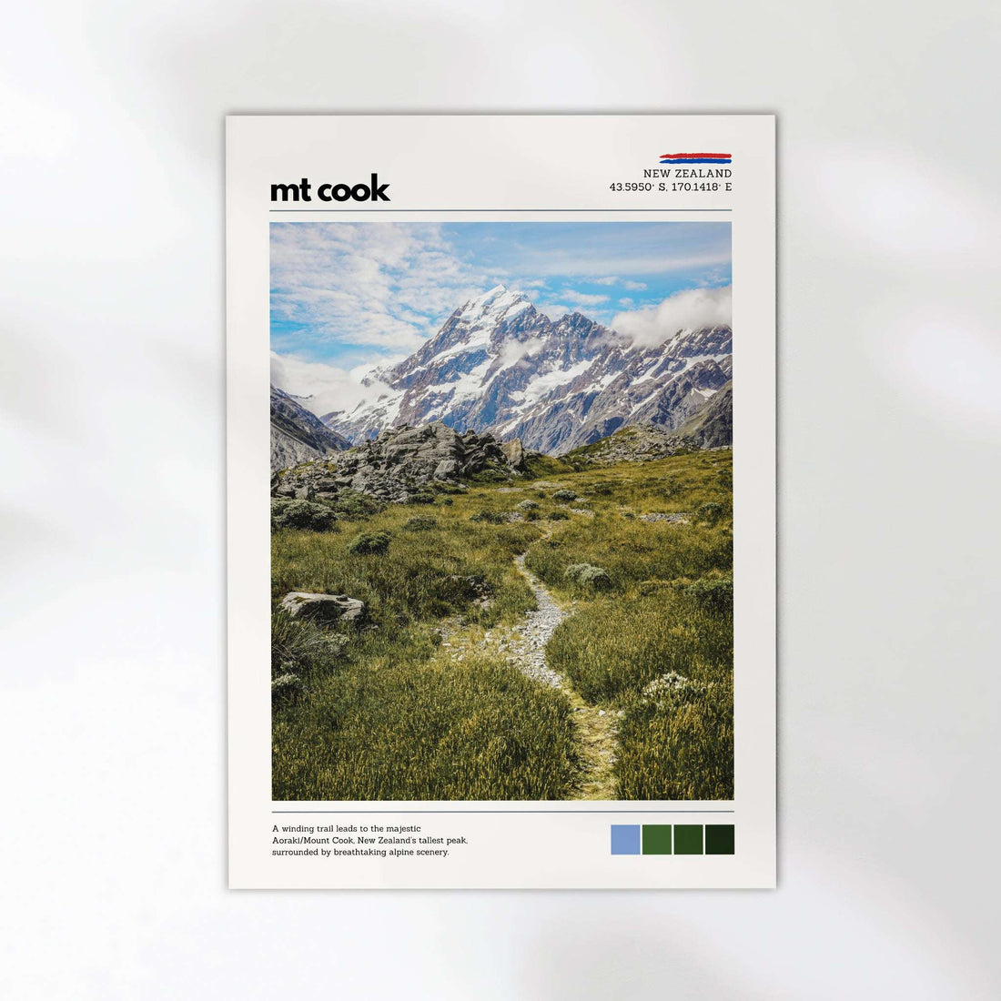 Mount Cook landscape poster showing alpine grasslands and mountain peaks in New Zealand