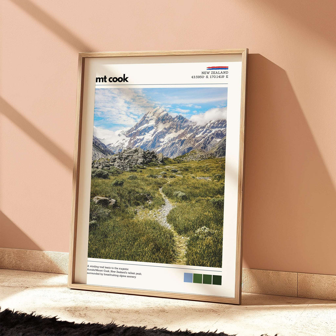 Mt Cook wall art print leaning against a wall in a styled home setting