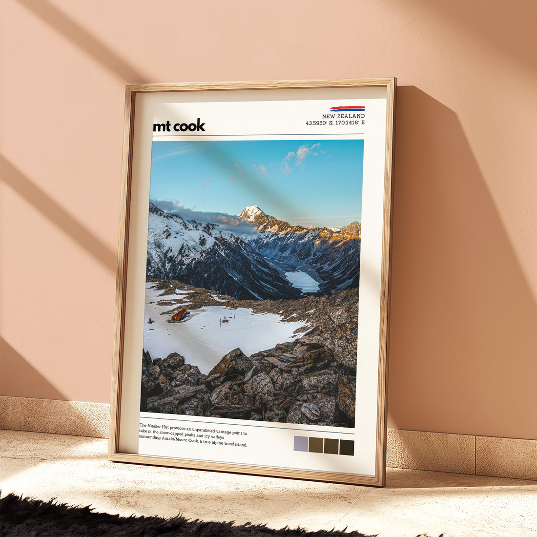 Mt Cook wall art print featuring the alpine landscape near Mueller Hut, styled in a warm beige interior in Aoraki Mount Cook National Park, New Zealand