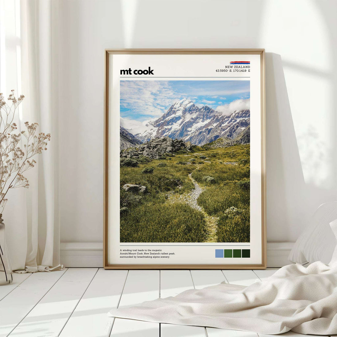 Mt Cook New Zealand wall art print in a minimal, light-filled interior