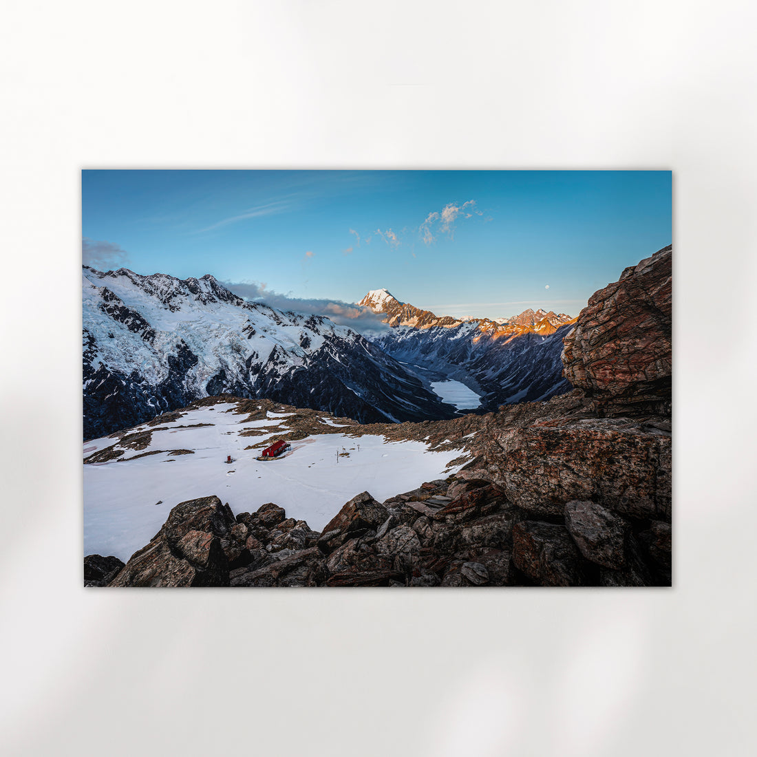 Unframed Mueller Hut Mount Cook National Park fine art print on white background showing snow covered alpine valley and Aoraki summit