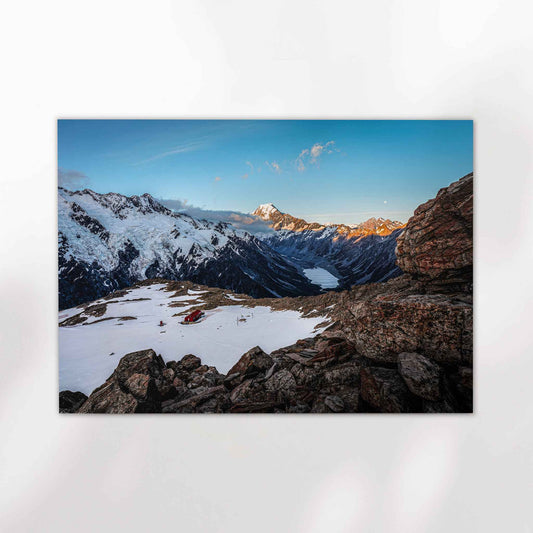 Unframed Mueller Hut Mount Cook National Park fine art print on white background showing snow covered alpine valley and Aoraki summit