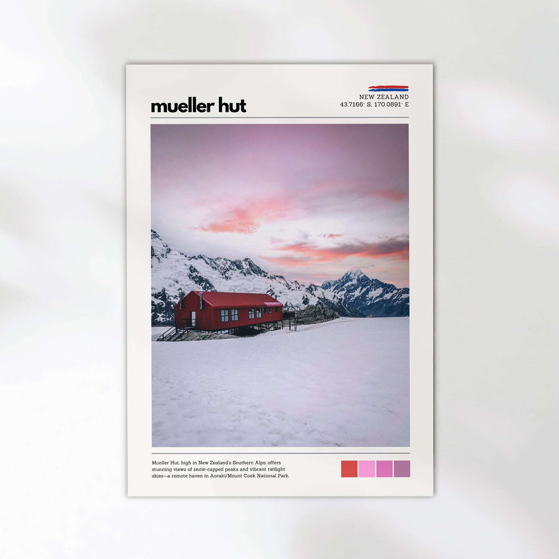 Mueller Hut sunrise poster print showing red alpine hut and pastel sky in New Zealand’s Southern Alps