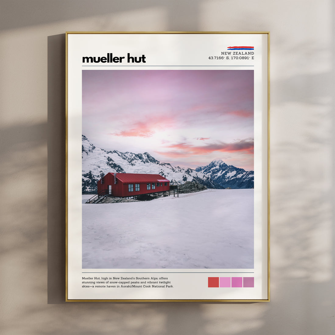 Mueller Hut wall art print at sunrise in Aoraki Mount Cook National Park, New Zealand, with red alpine hut and snow-covered peaks