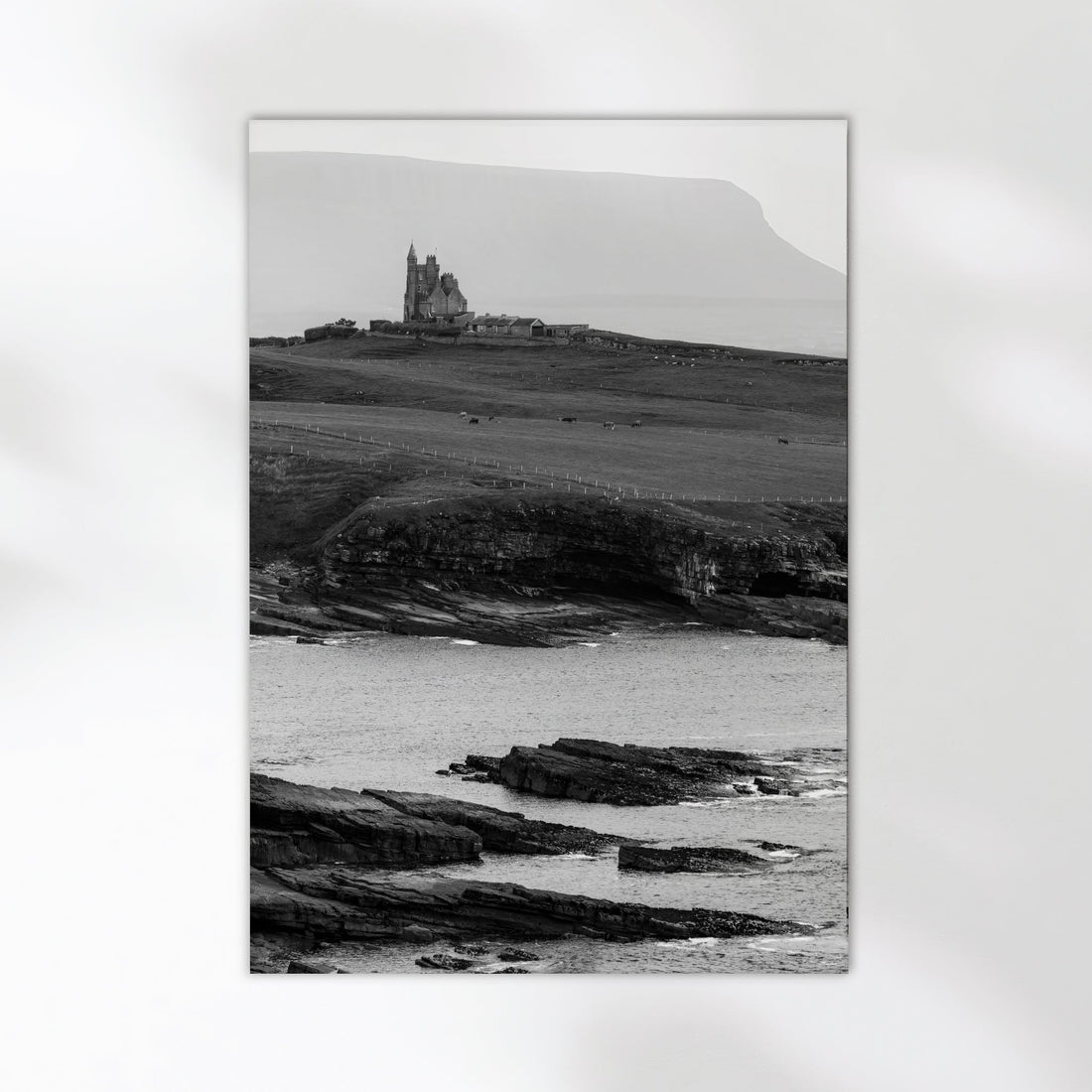 Minimalist Irish landscape print featuring Classiebawn Castle at Mullaghmore Head