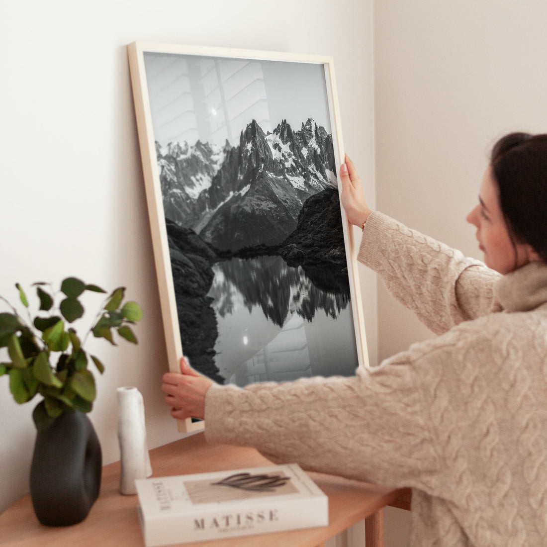 Minimalist mountain landscape wall art with a pristine alpine lake reflecting the dramatic peaks of Chamonix.