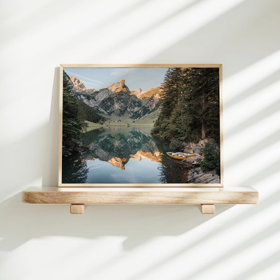 Seealpsee nature photography print capturing still waters, towering peaks, and quiet alpine vibes.