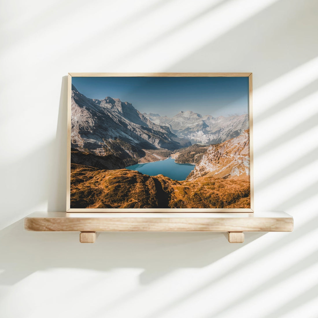 Oeschinensee photo print on display shelf with dramatic light