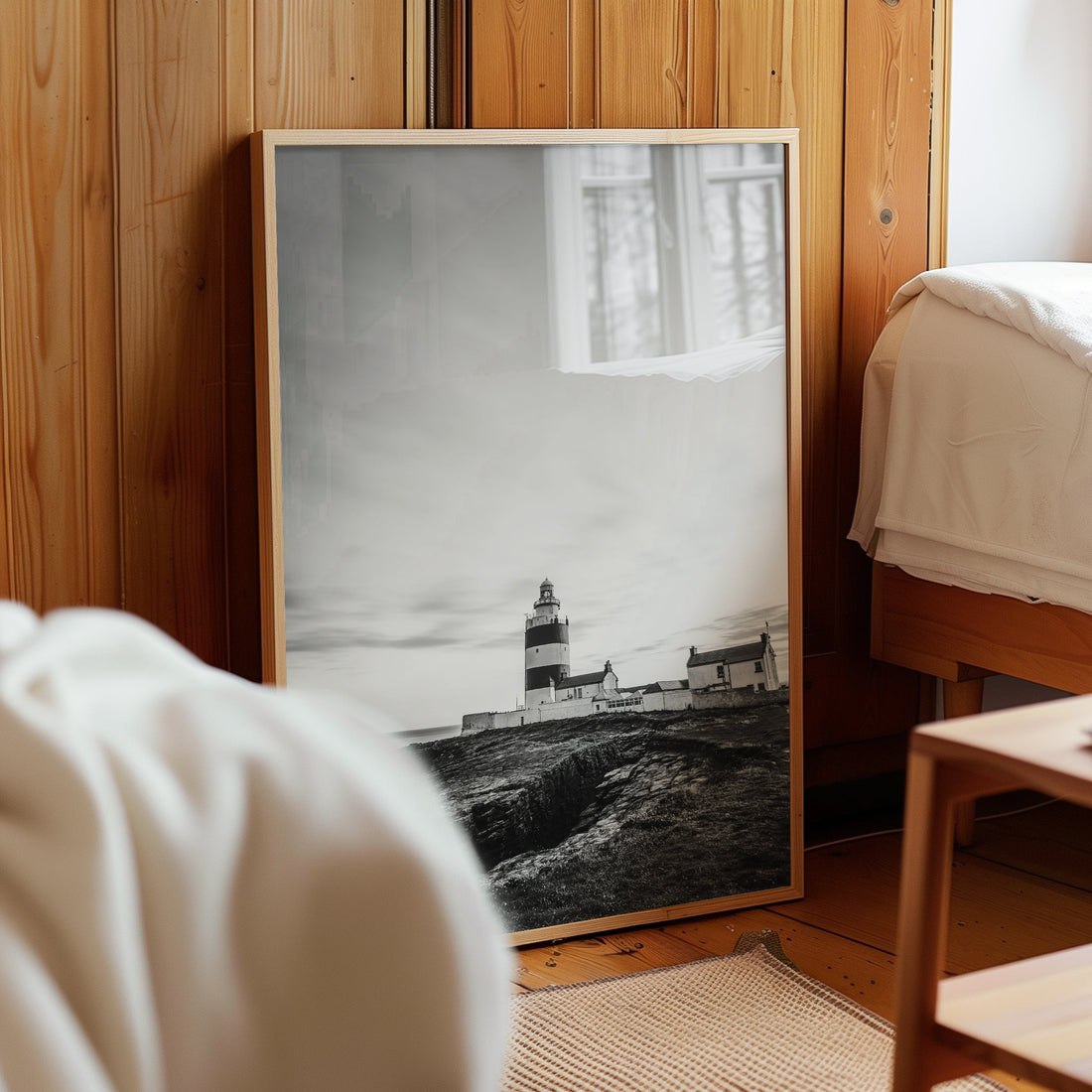 Hook Head lighthouse print leaning against wooden bedroom wall