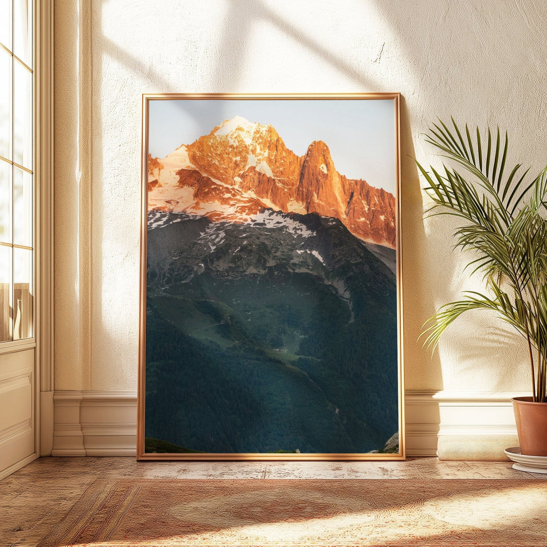The Needles of Chamonix with vibrant alpenglow, captured in a large format triptych.