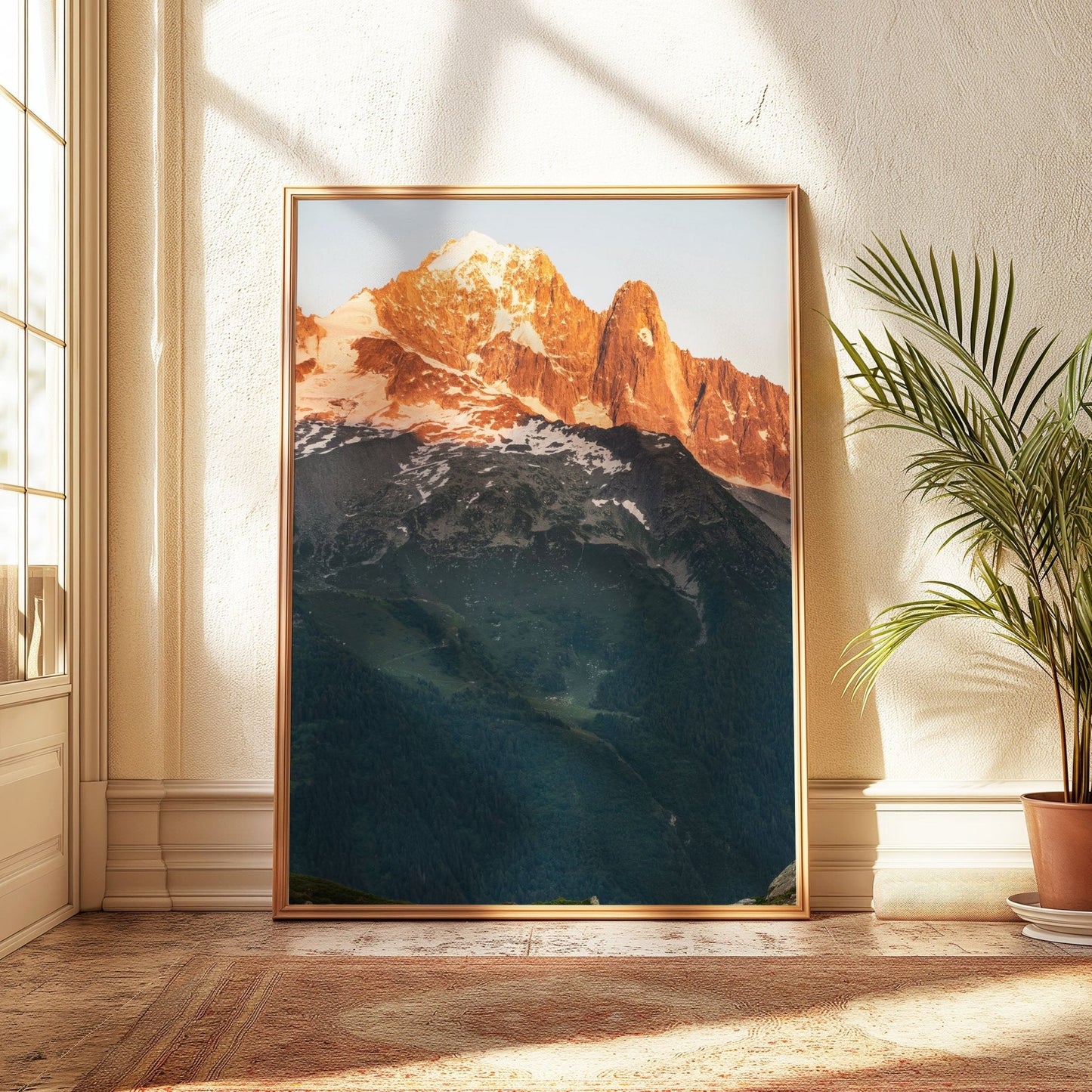 The Needles of Chamonix with vibrant alpenglow, captured in a large format triptych.