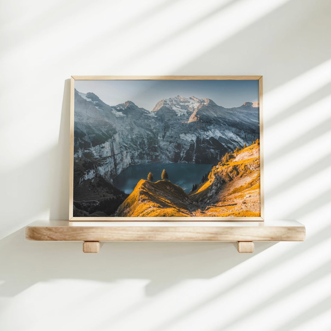 Framed art print of Oeschinensee with bold peaks and dramatic depth, perfect for mountain and nature lovers.