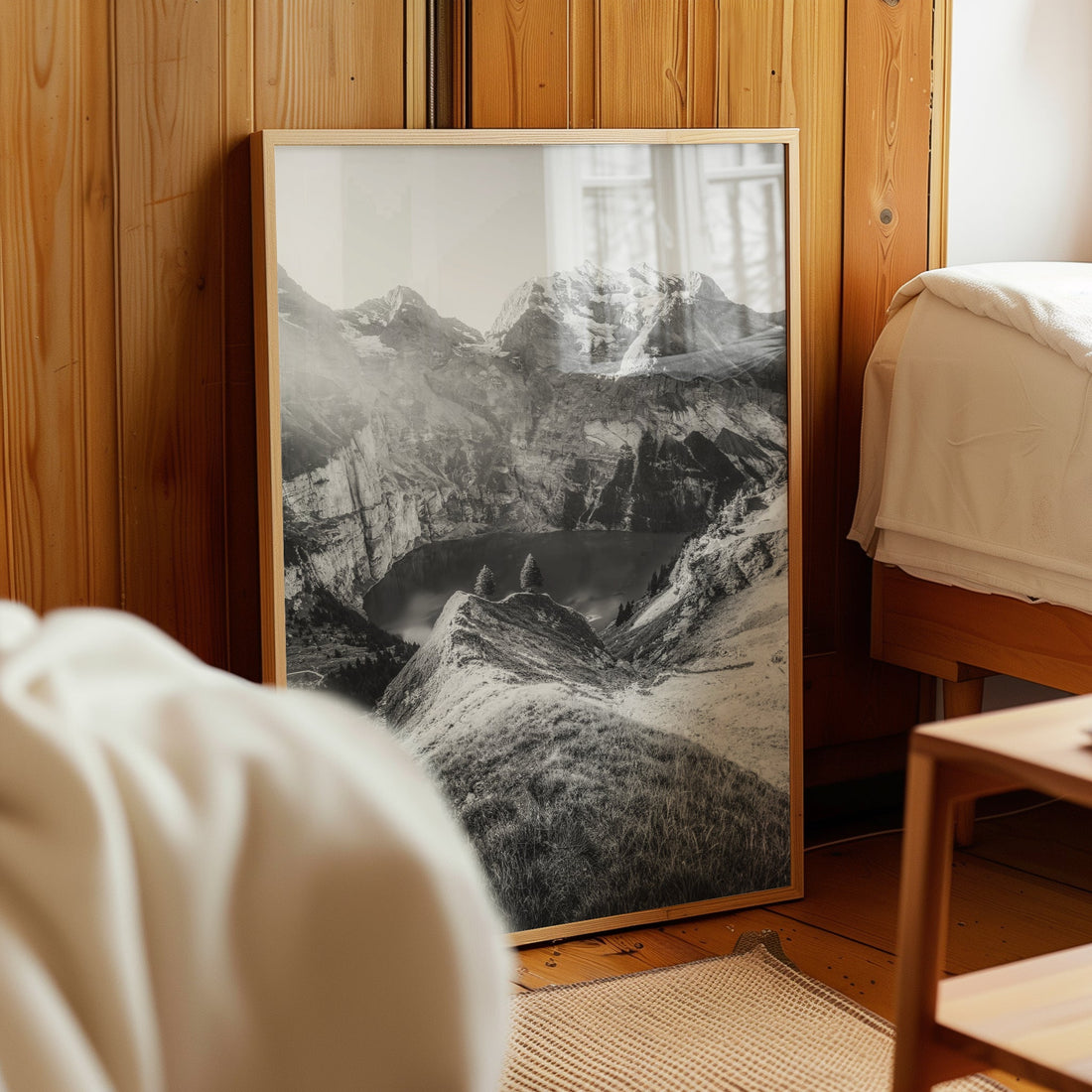 A captivating wall art print of the famous hiking view over Oeschinensee, surrounded by alpine peaks.