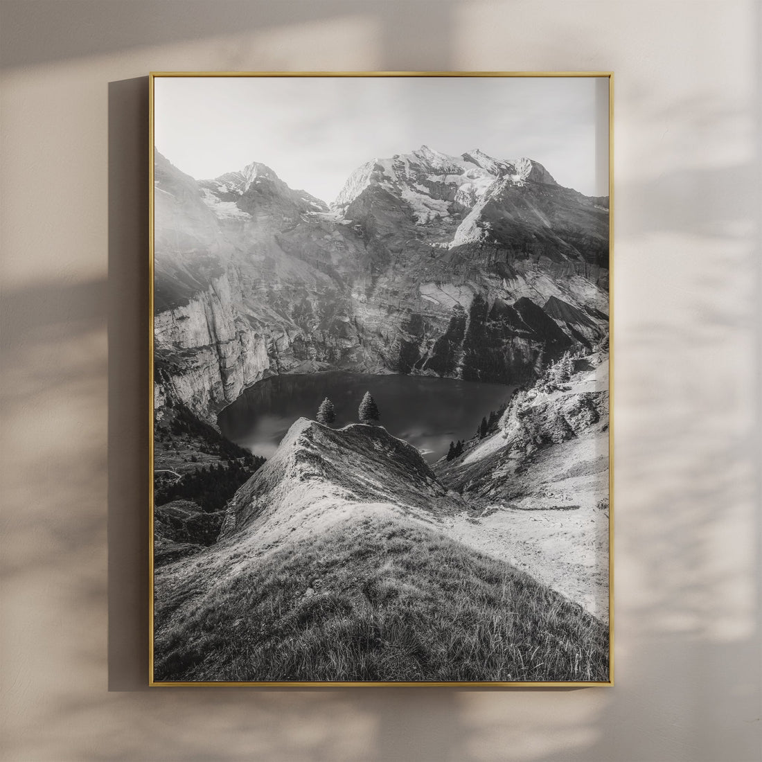 Scenic Oeschinensee mountain lake print featuring alpine peaks and crystal-clear water in Switzerland.