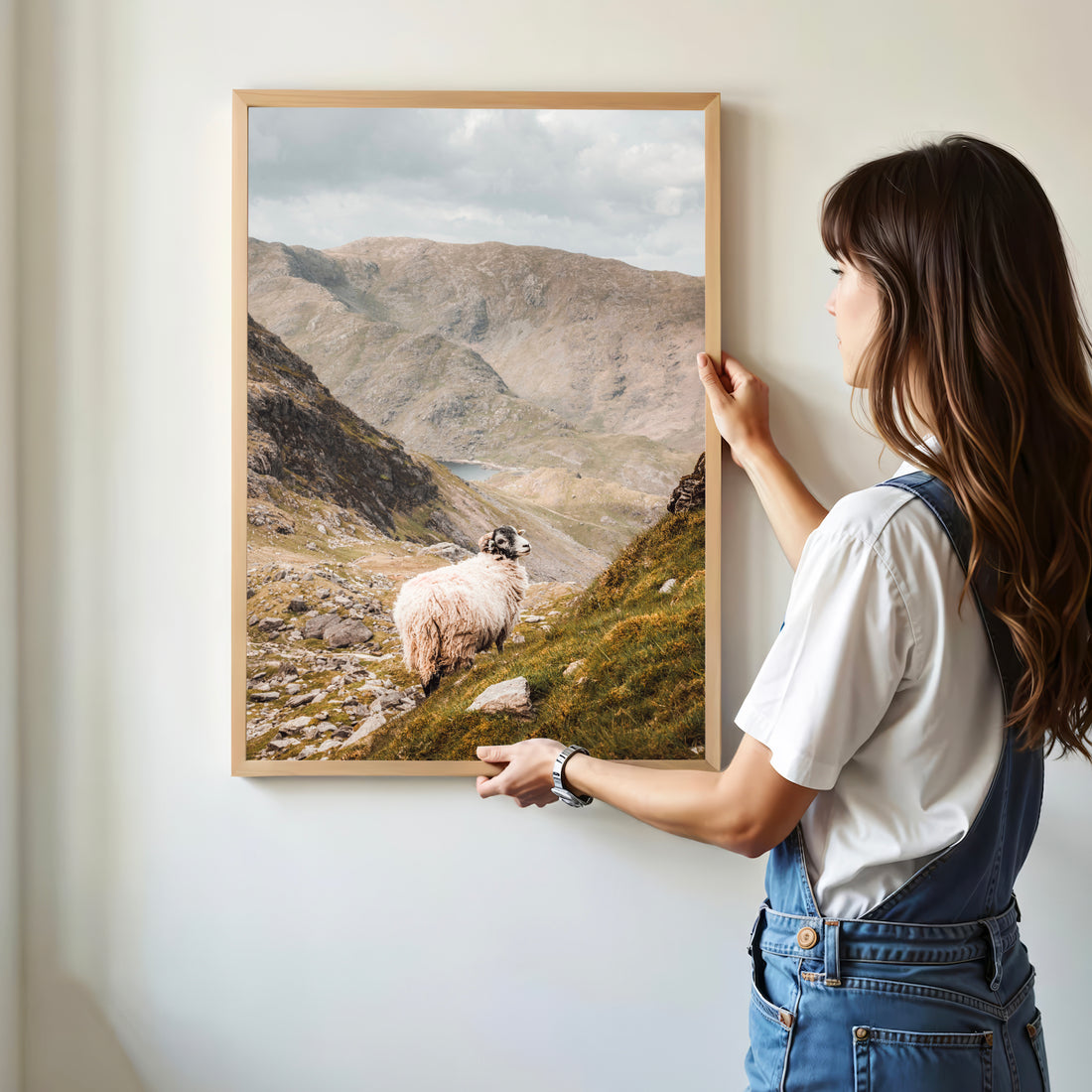 Framed landscape wall art of a sheep and dramatic fells near the Old Man of Coniston.