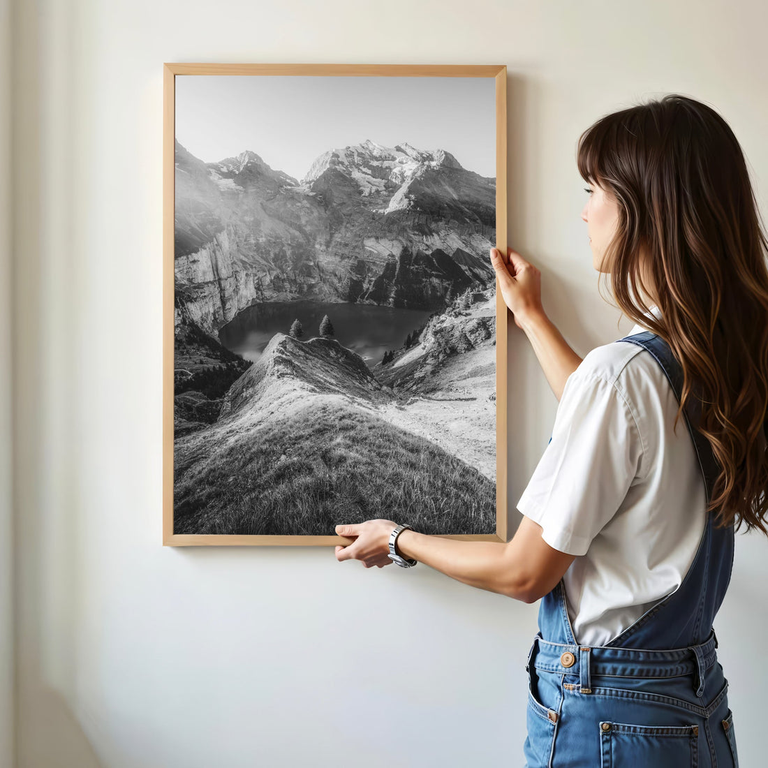 Panoramic photography print of Oeschinensee, capturing its dramatic cliffs, serene waters, and lush valleys.