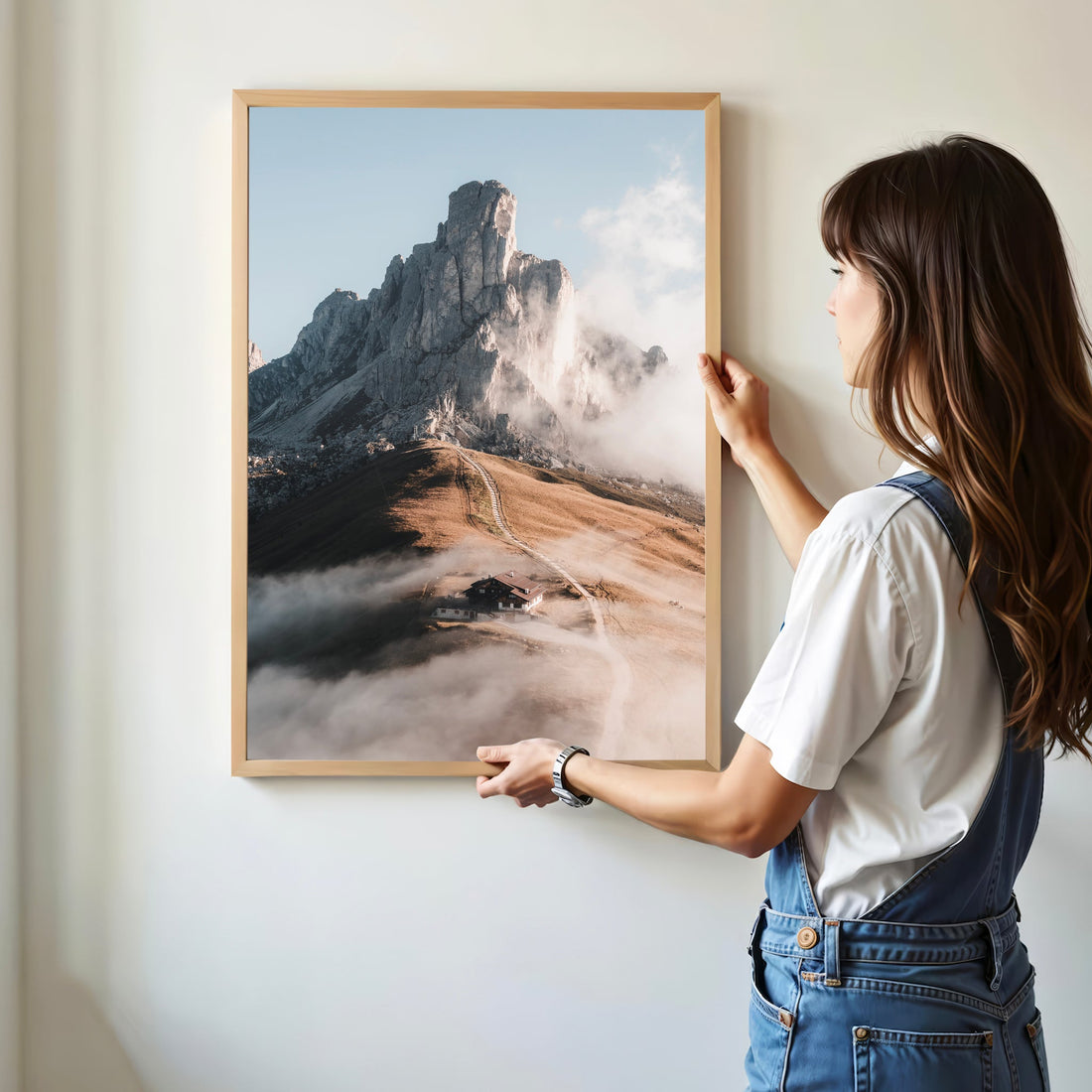 Scenic Passo Giau alpine landscape wall print showcasing a dreamy mountain valley with rolling mist.