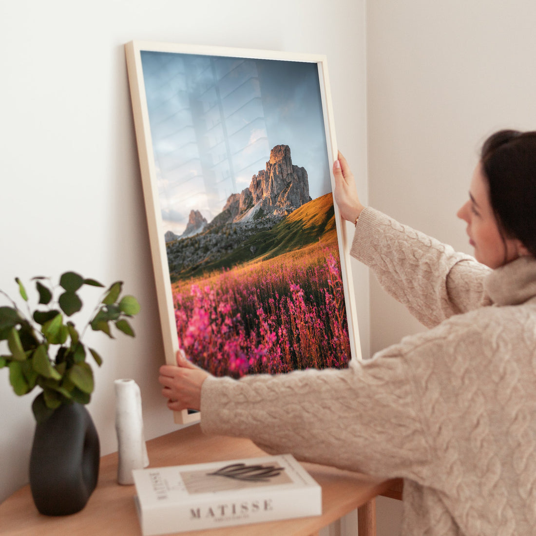 Fine art print of Passo Giau’s alpine meadow, bathed in warm sunset hues over the Dolomites.