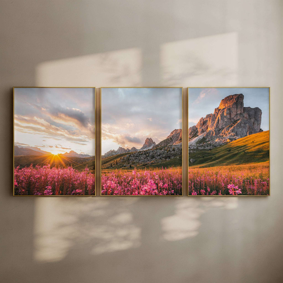Set of three Passo Giau Dolomites landscape photography prints displayed as a wall art triptych