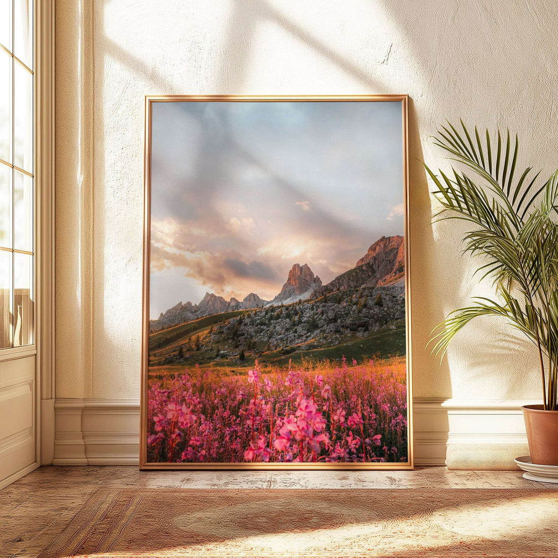 Set of three Passo Giau Dolomites prints arranged vertically on a wall