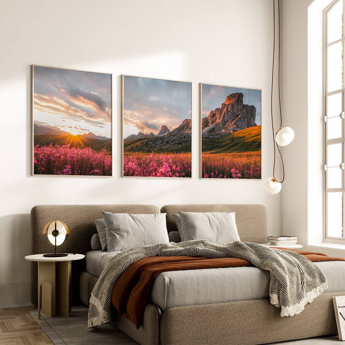 Passo Giau Dolomites triptych wall art shown in a modern interior setting
