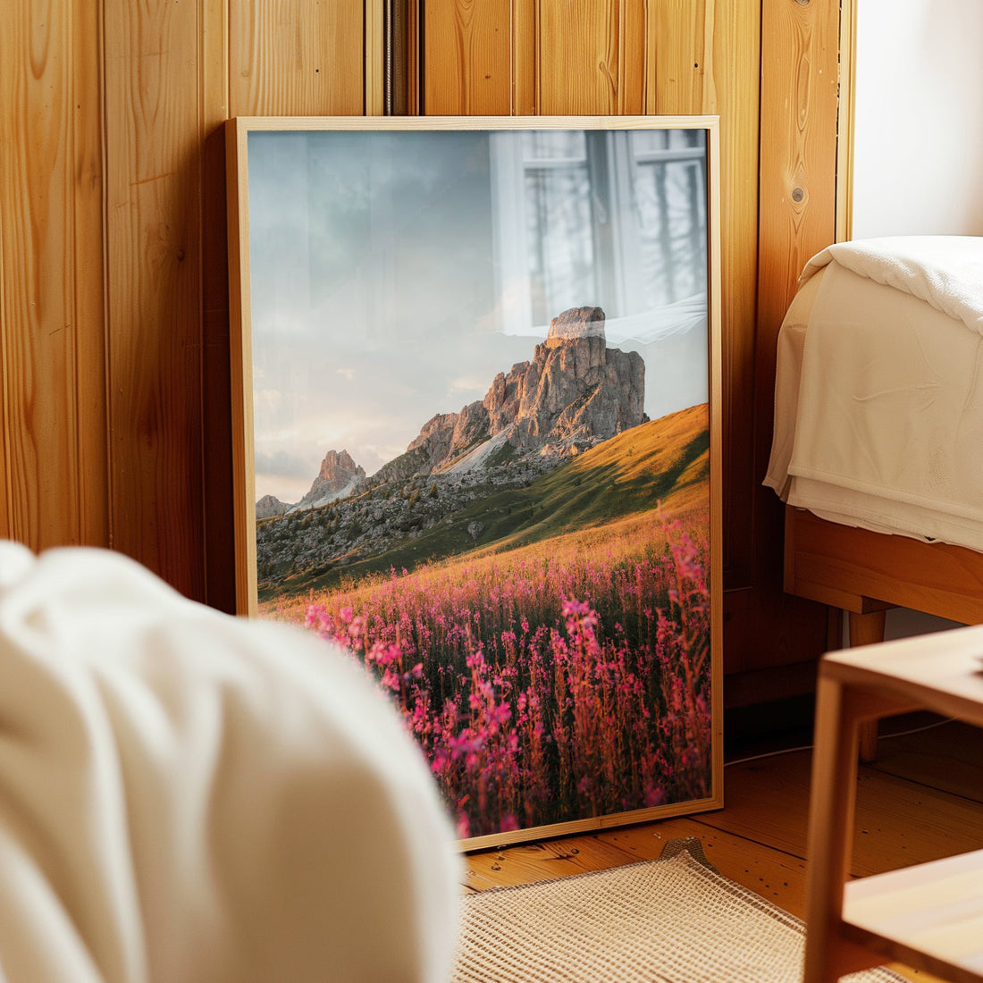 Passo Giau Dolomites art print showcasing soft evening light over a lush alpine valley.