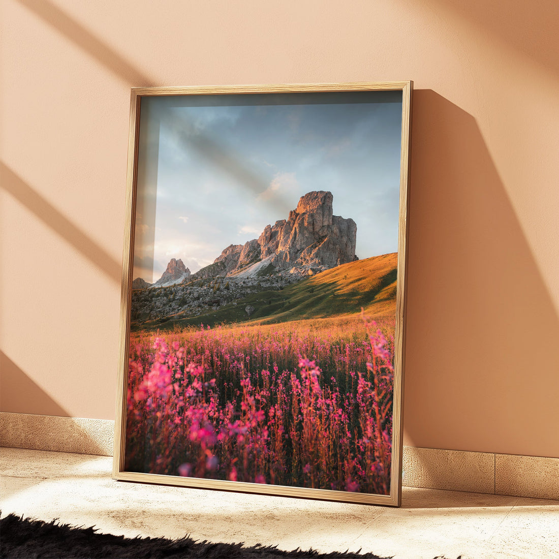 Italy landscape wall print of Passo Giau at sunset, featuring a glowing sky and rolling meadows.