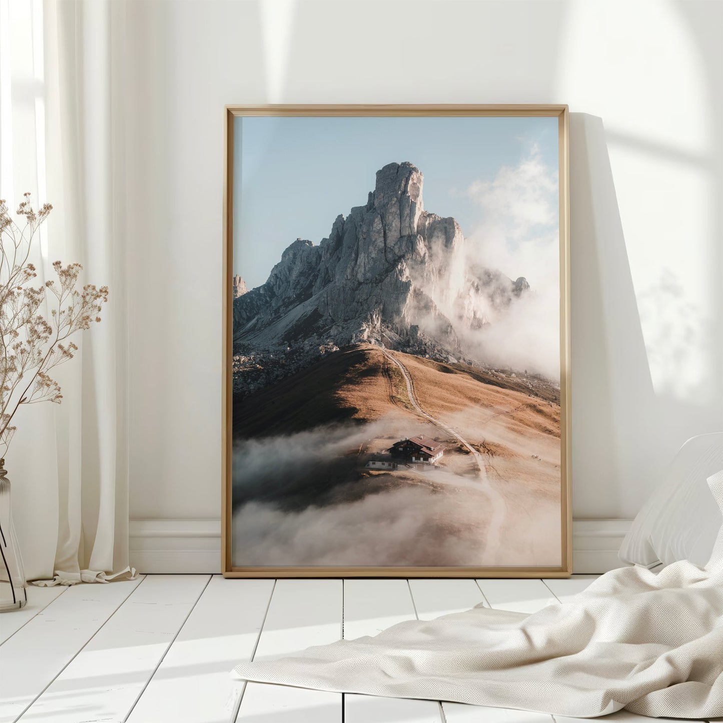 Passo Giau sunset mountain photography print featuring golden light over a misty alpine refuge.