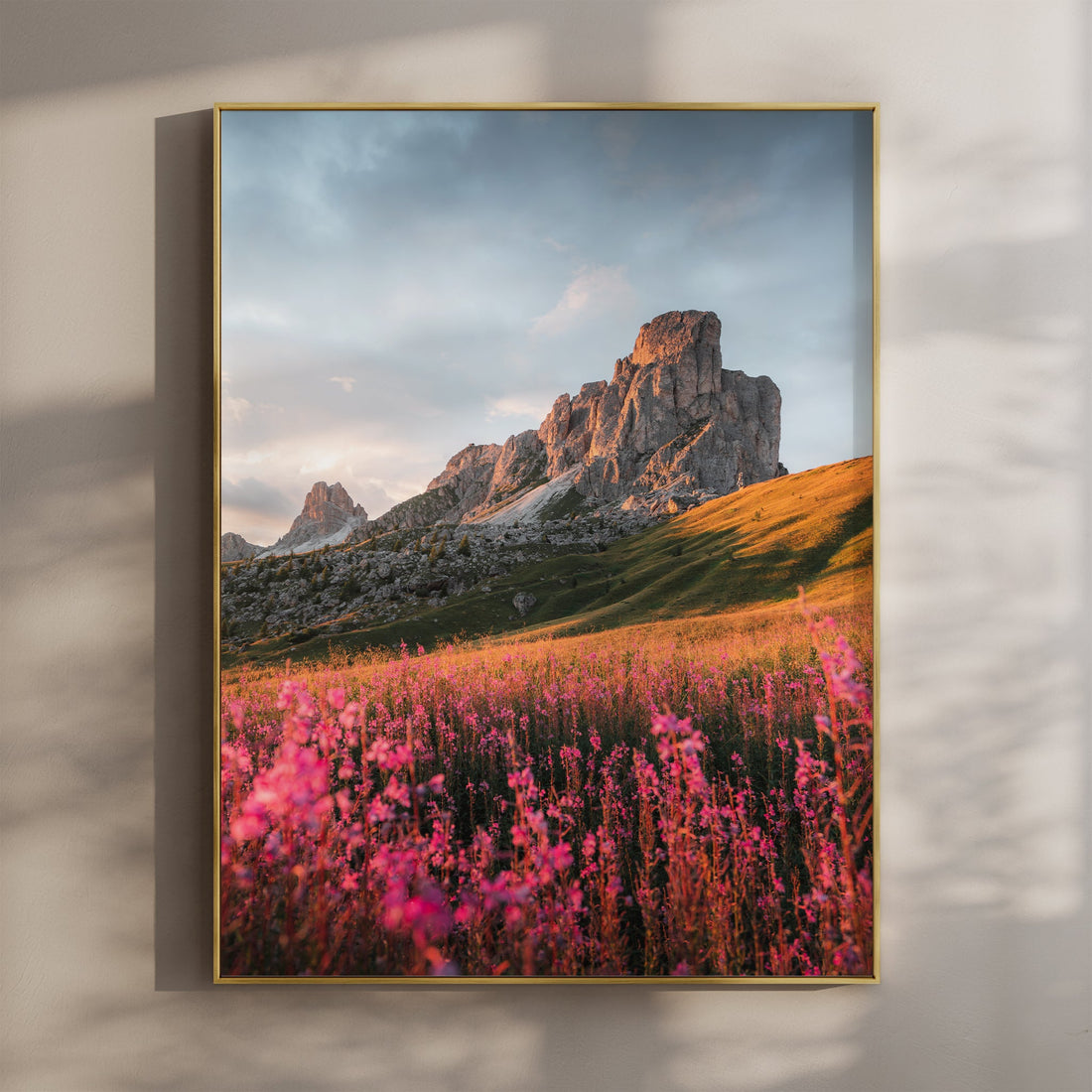Stunning Passo Giau wildflower sunset print featuring golden light over the Dolomites.