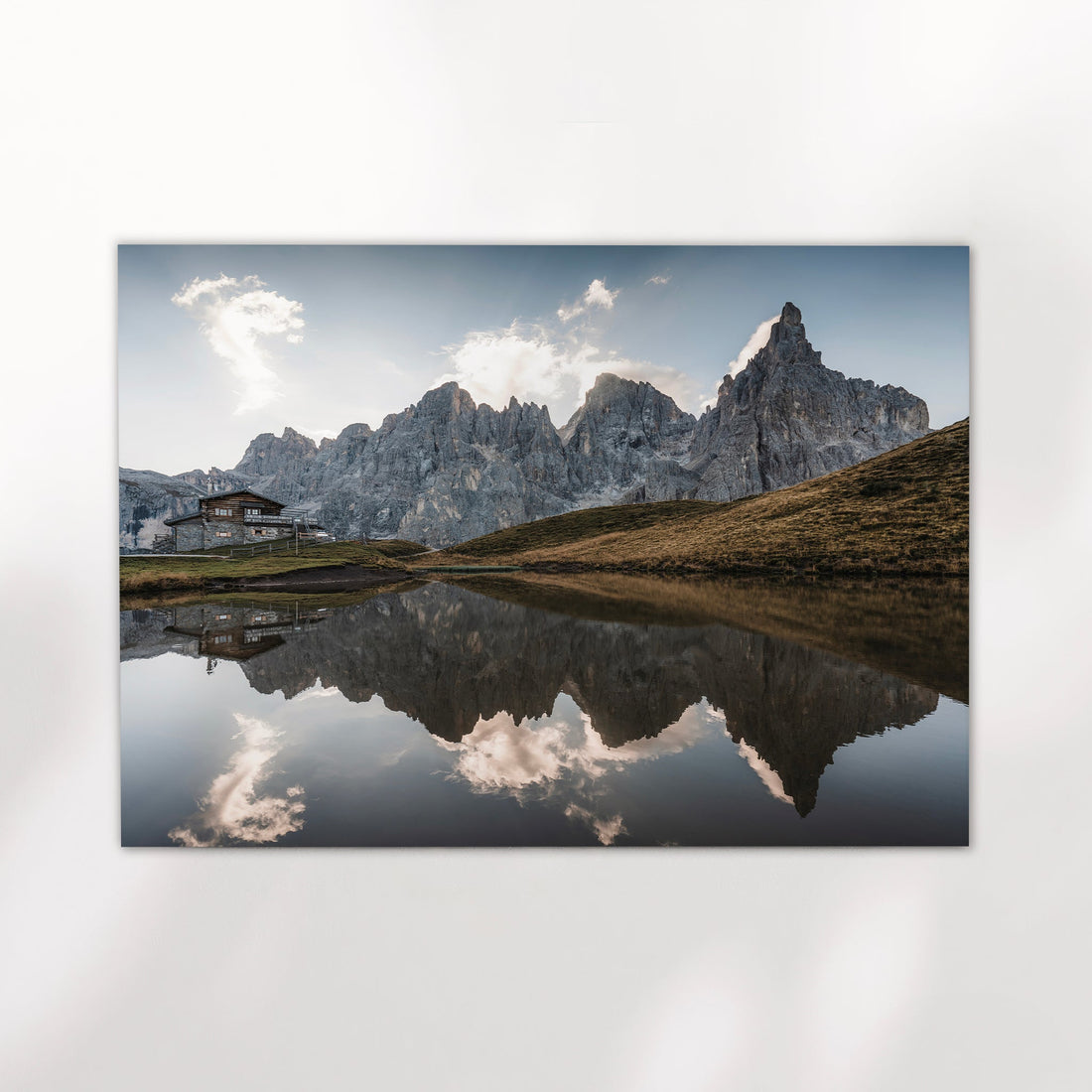 Passo Rolle Dolomites photo print, unframed, showing reflection in still lake