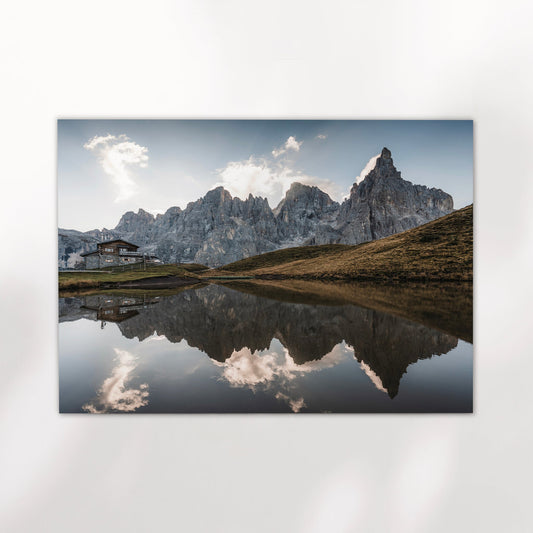 Passo Rolle Dolomites photo print, unframed, showing reflection in still lake