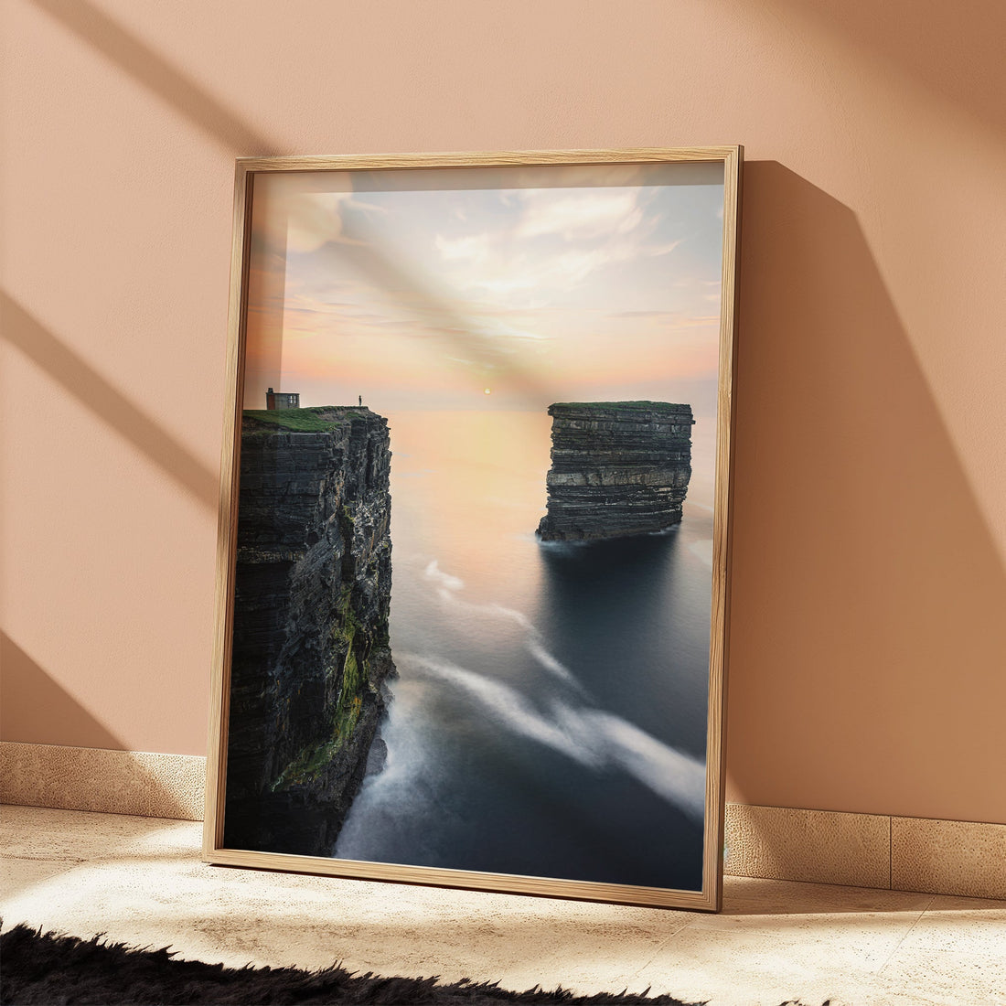 Soft pastel tones over Downpatrick Head sea cliffs at sunset in Irish landscape print.