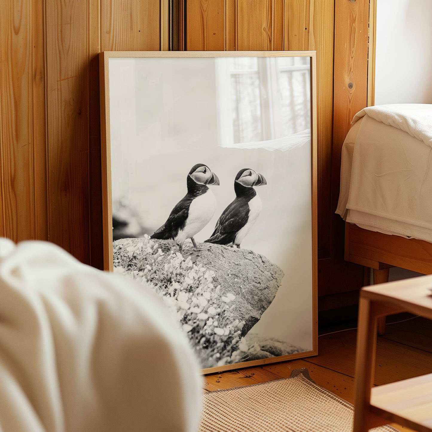 Framed puffin print leaning against wooden wall in a cosy bedroom.