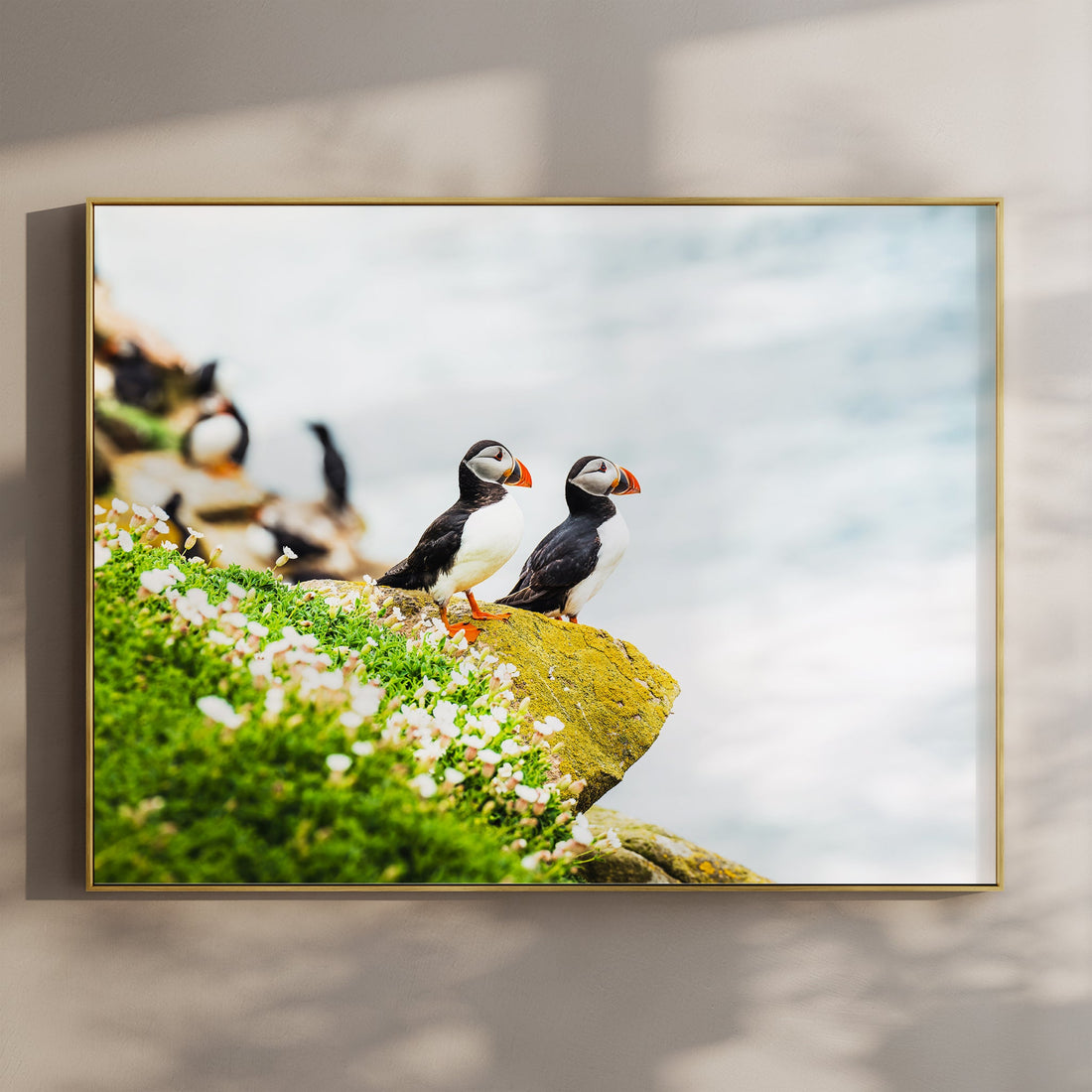 Puffins standing on a coastal cliff on Saltee Island with soft blue sea in the background