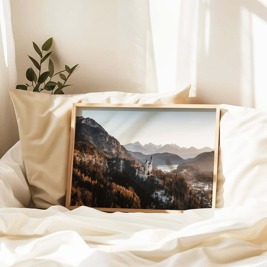 Cozy living room styled with a Neuschwanstein wall print