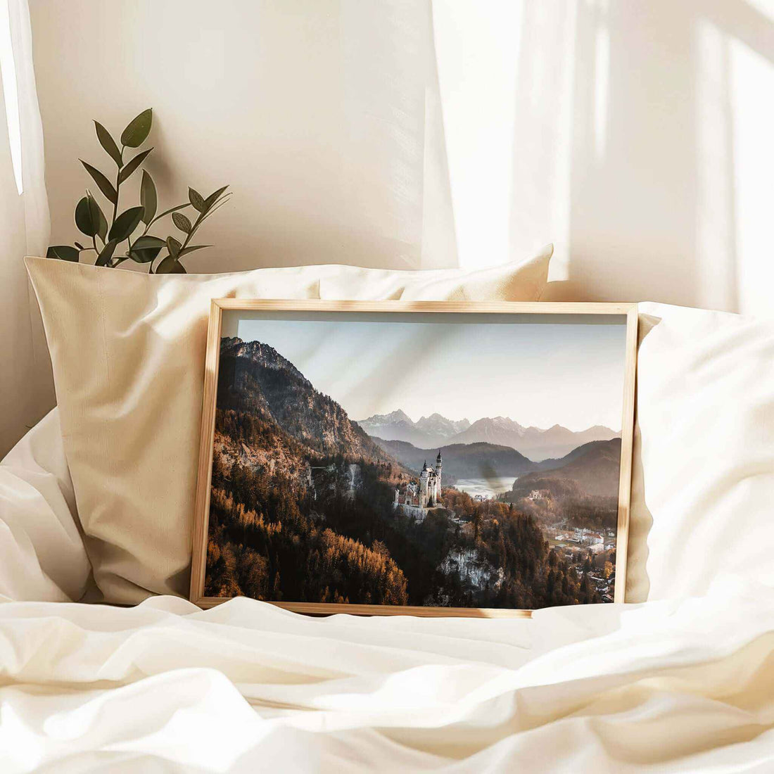 Cozy living room styled with a Neuschwanstein wall print