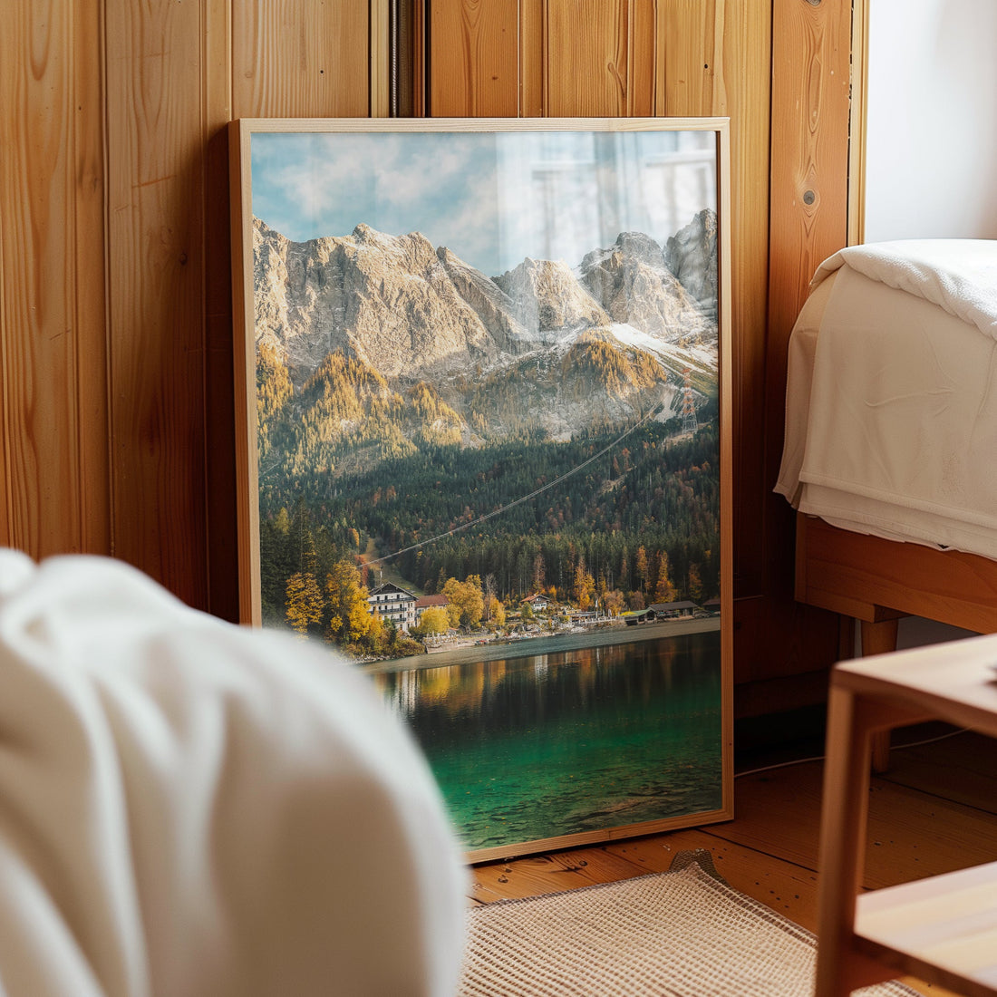 Eibsee mountain print in rustic wooden bedroom setting
