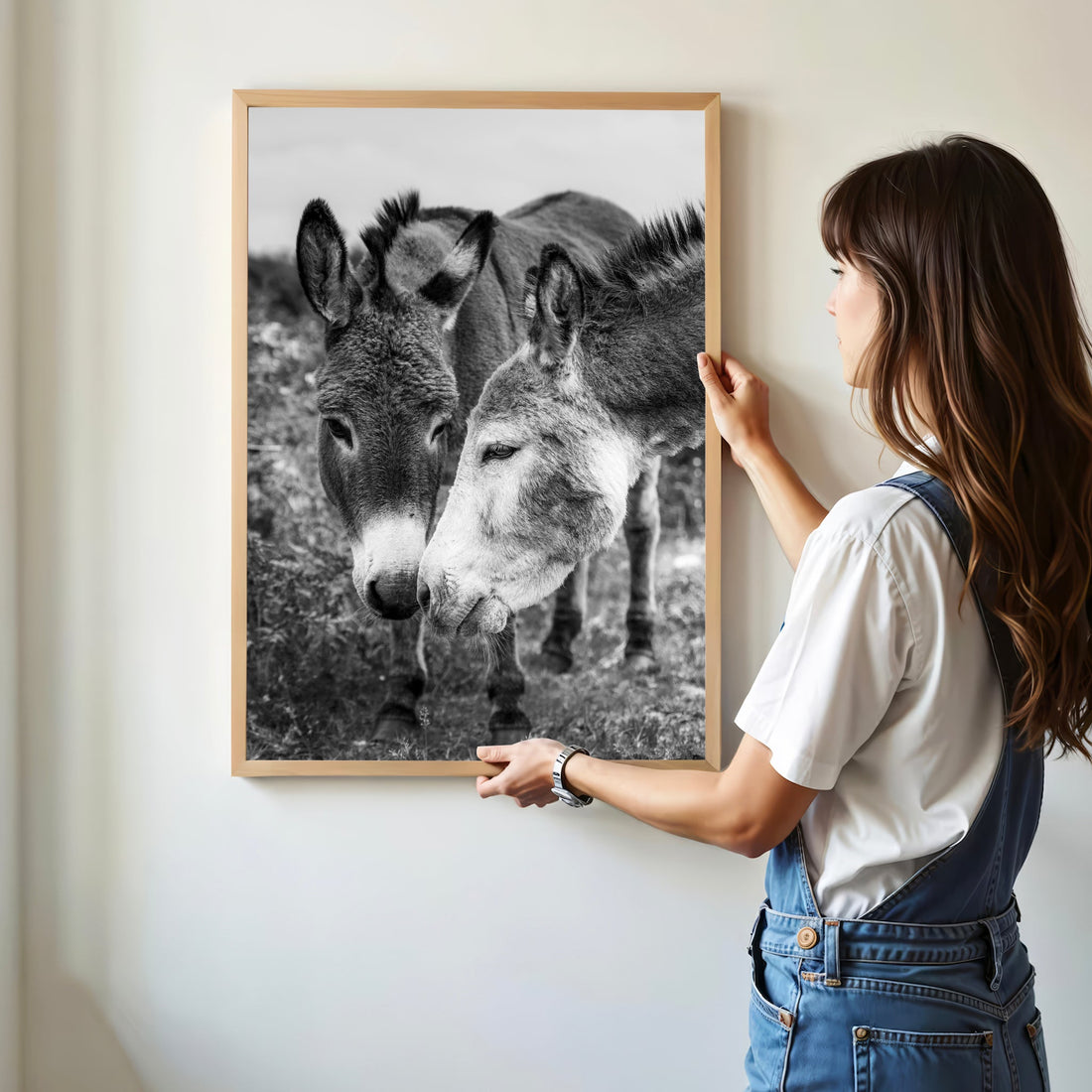 A woman hanging a black and white donkey print with wooden frame on a wall.