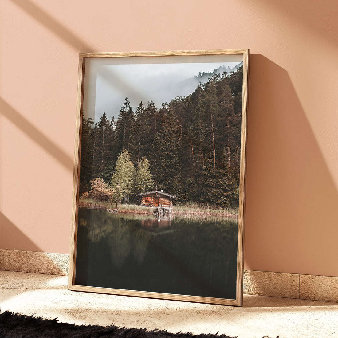 Mittersee lake print with golden hour light and alpine lodge reflection