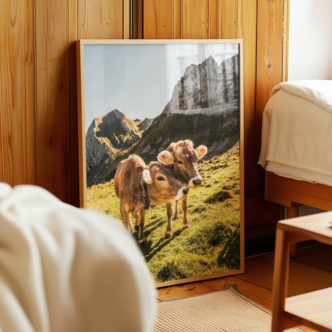 Bring a touch of Swiss charm to your home with this rustic farmhouse-style print of Appenzell cows.