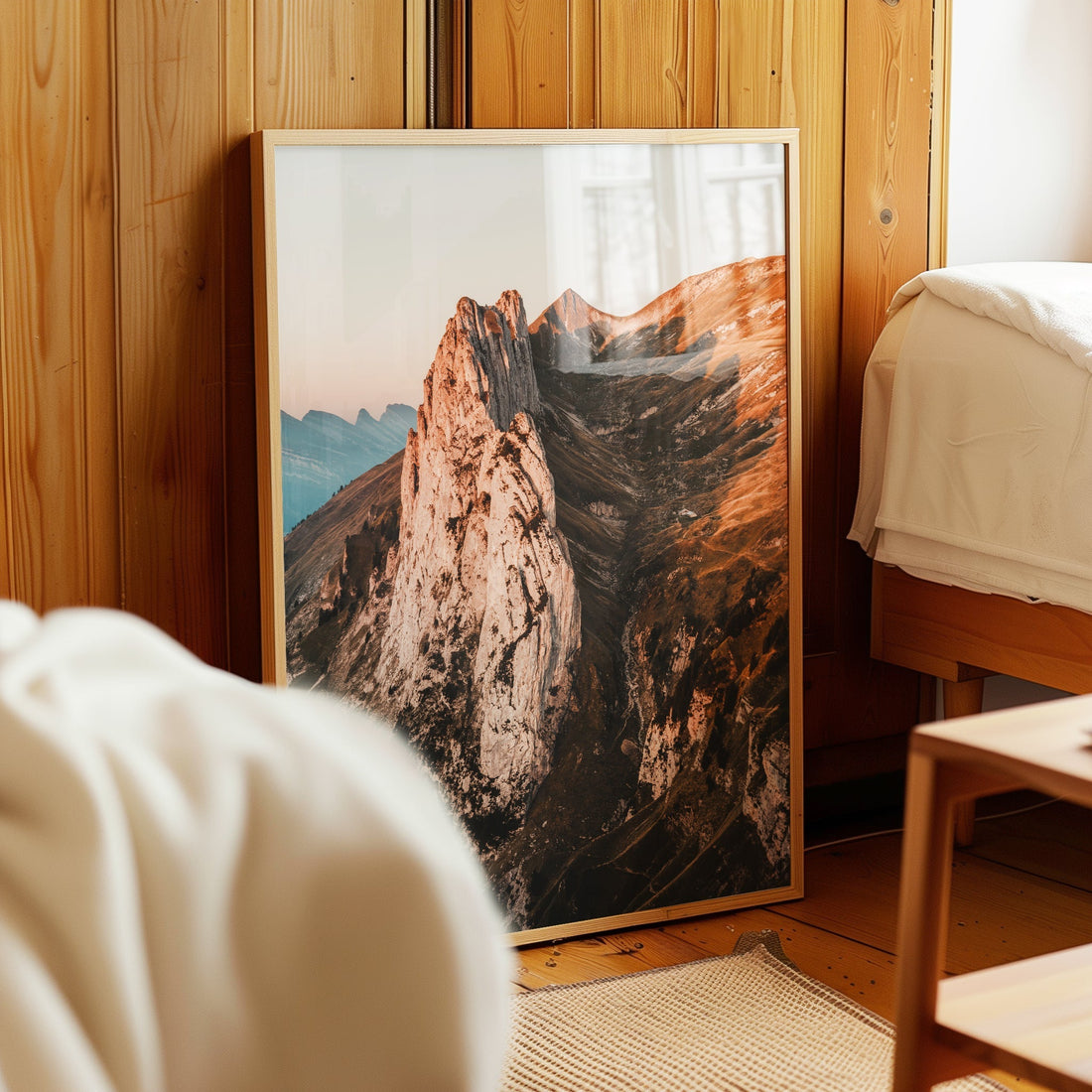 Beautiful alpine photography print of Saxer Lücke with warm evening hues and rugged terrain.
