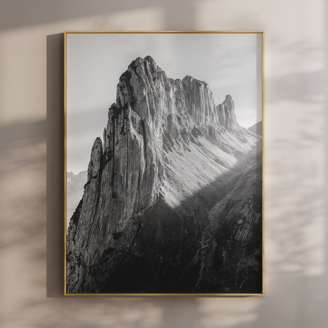 Black and white Saxer Lücke mountain wall art print, perfect for alpine landscape lovers.