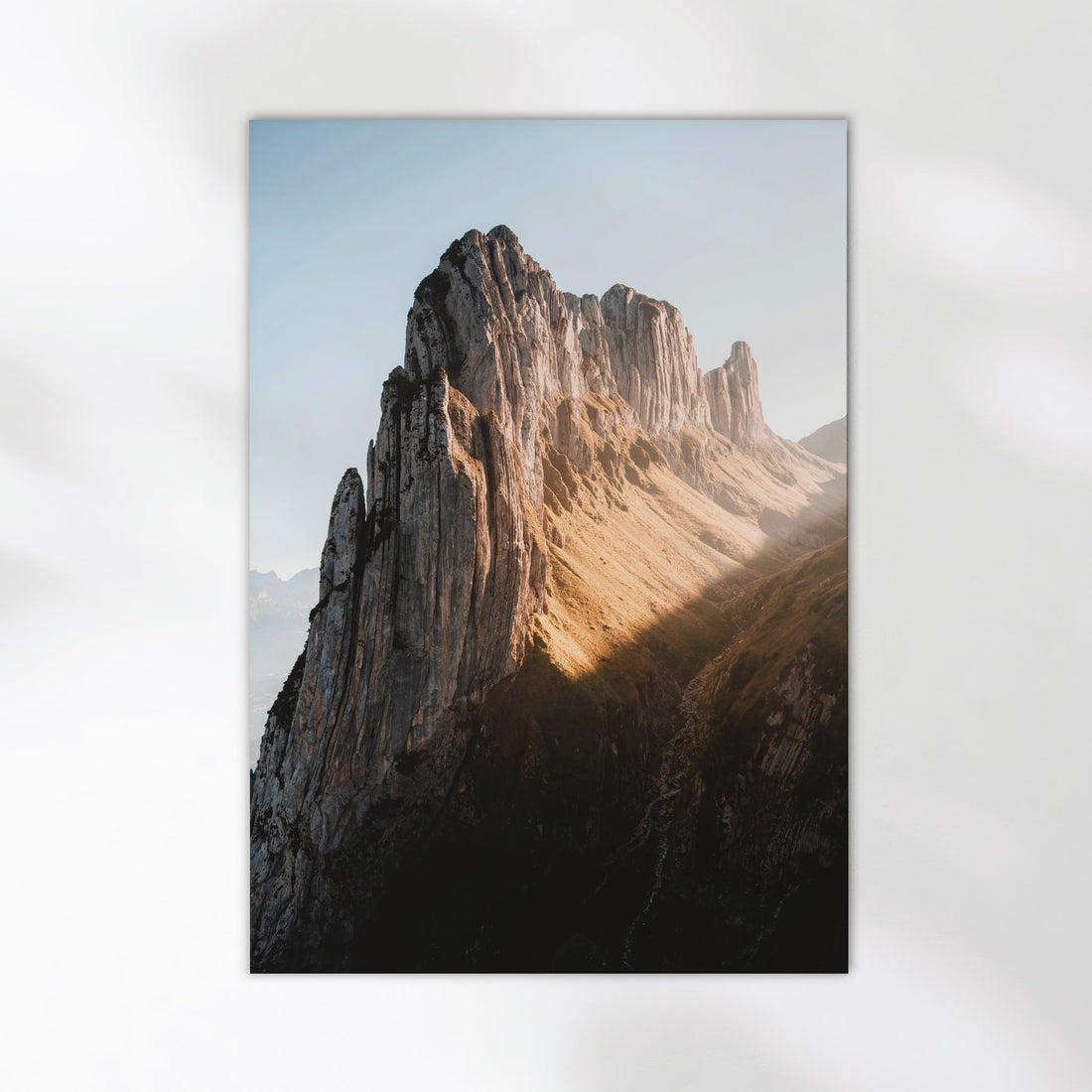 Minimalist fine art print of Saxer Lücke mountain in Switzerland on a white background.