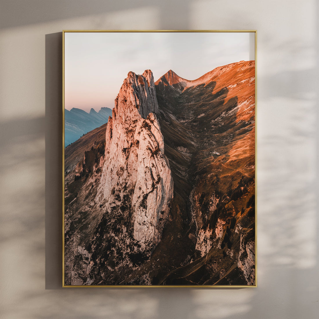 Stunning Saxer Lücke mountain print showcasing a rugged alpine landscape at sunset.