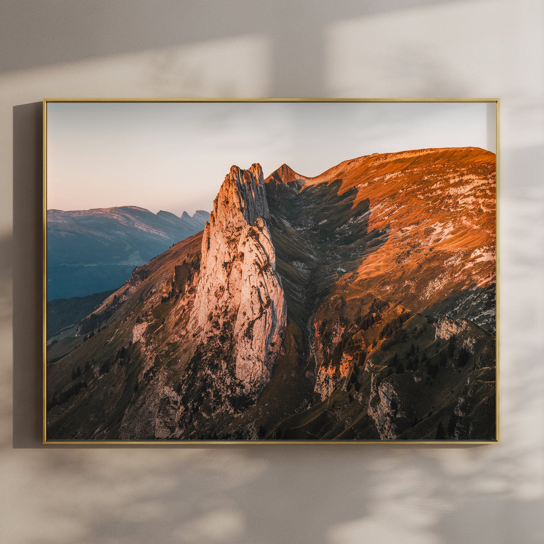 Stunning Saxer Lücke sunrise wall art print with golden light illuminating dramatic Swiss peaks.