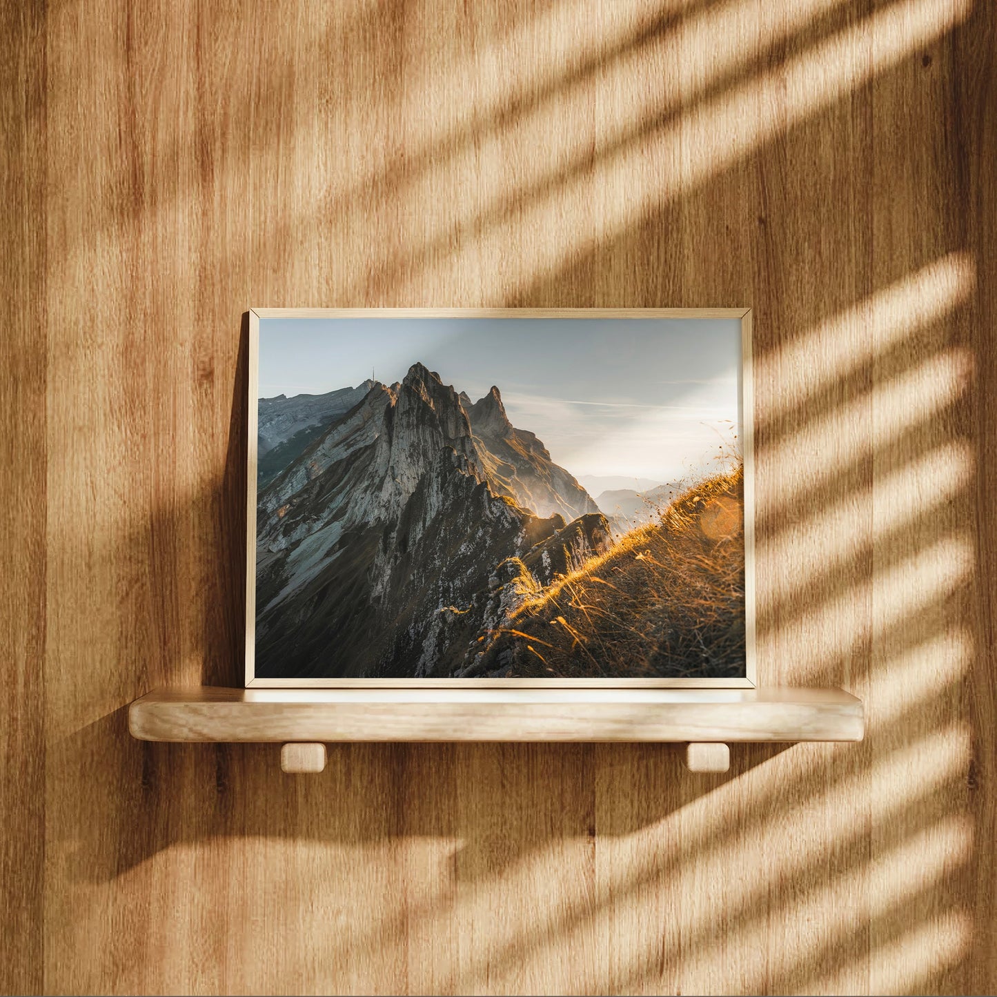 Fine art alpine decor print of Schäfler hiking ridge, where golden light meets jagged Swiss peaks.
