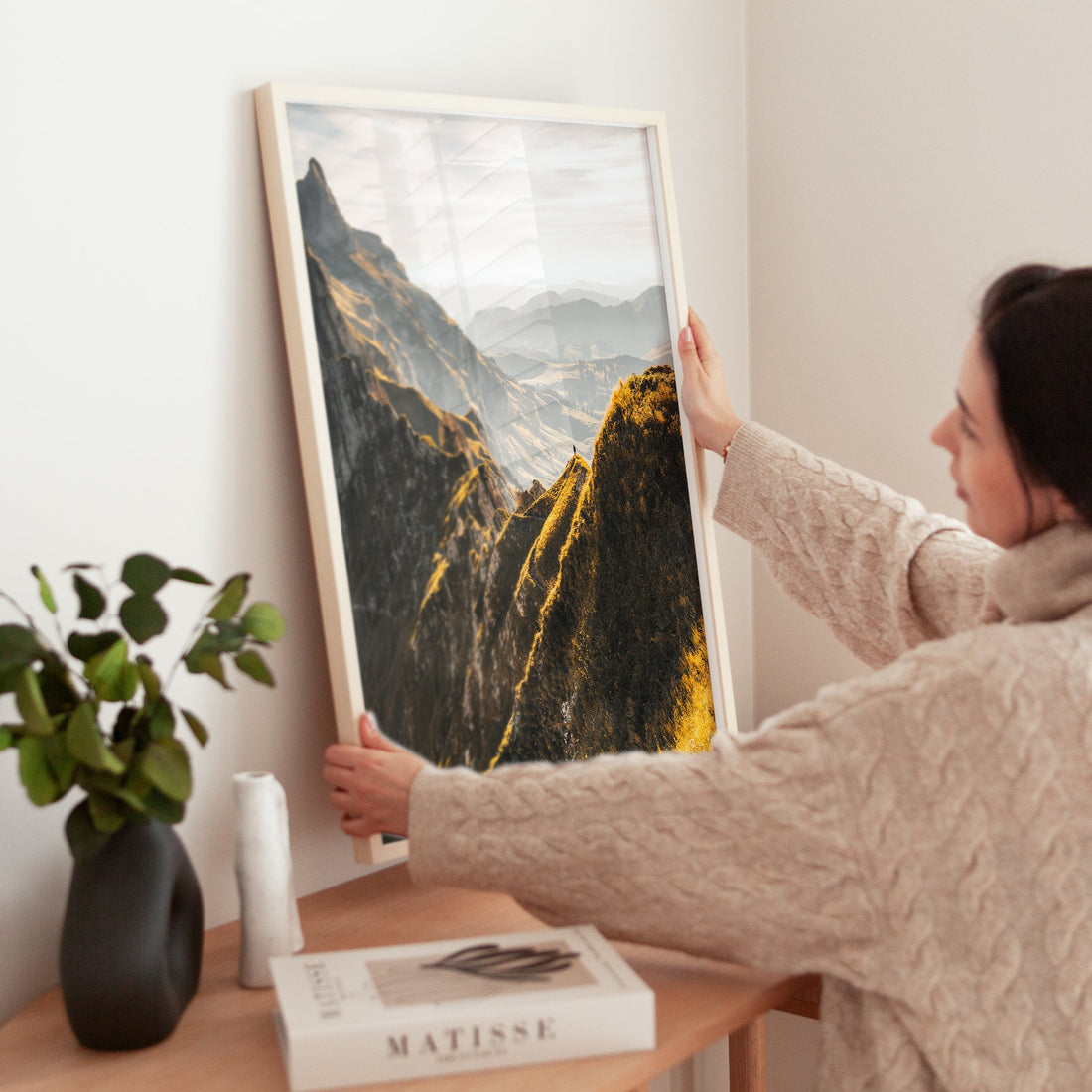 Schäfler Ridge adventure print featuring a lone hiker on a breathtaking mountain trail in Switzerland.