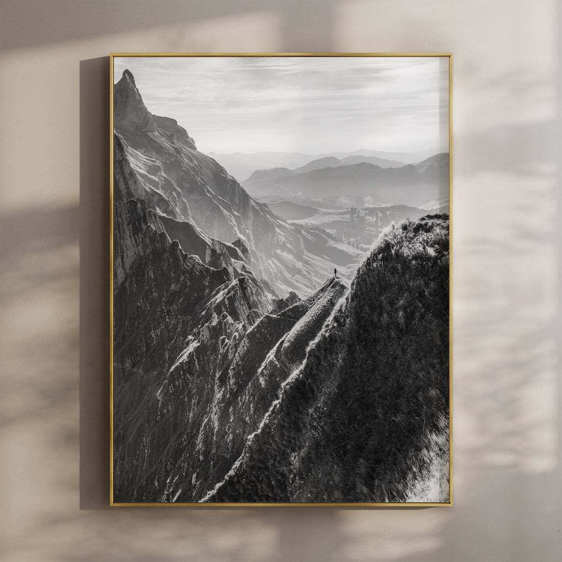 Dramatic Schäfler Ridge hiking print showcasing the breathtaking Swiss Alps ridgeline at sunrise.