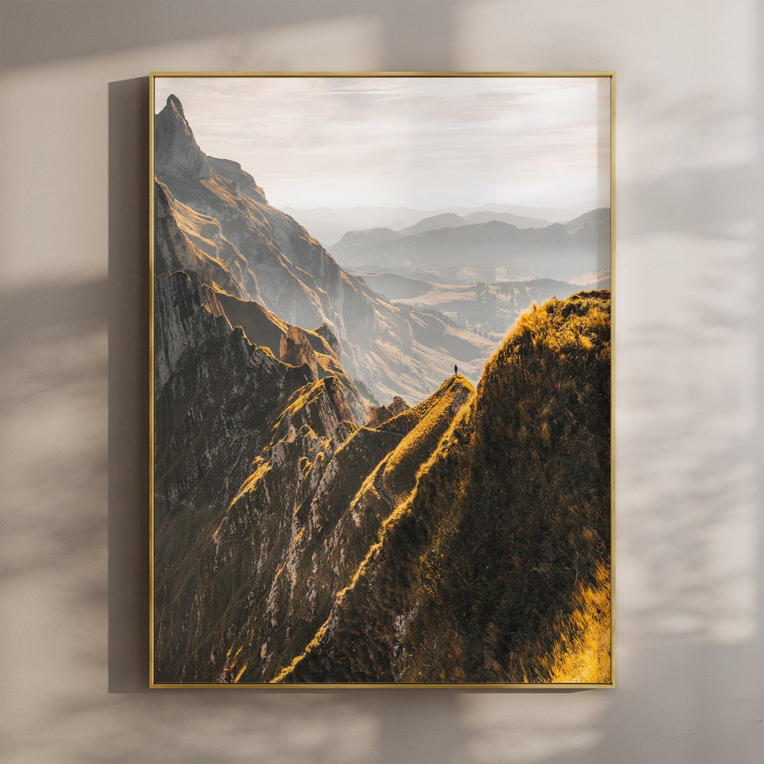Stunning Schäfler Ridgeline wall art print featuring golden sunrise light over the Swiss Alps.
