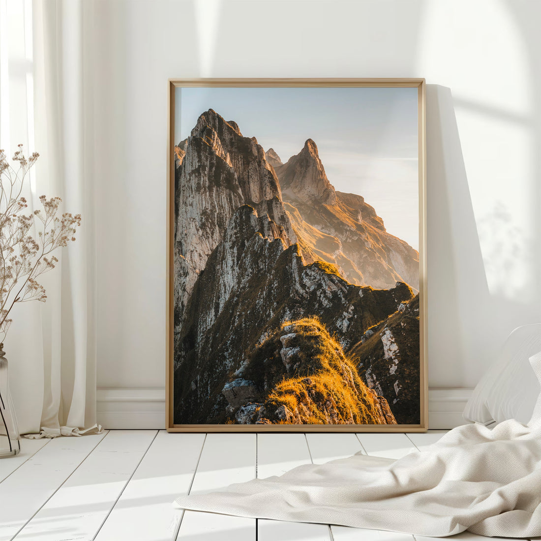 Vertical mountain print of Schäfler Ridge in dramatic light, ideal for home decor
